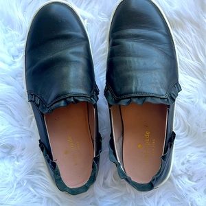 Kate Spade “Lilly” Black Leather Ruffle Trim Casual Slip-on Sneakers, Size 8 M